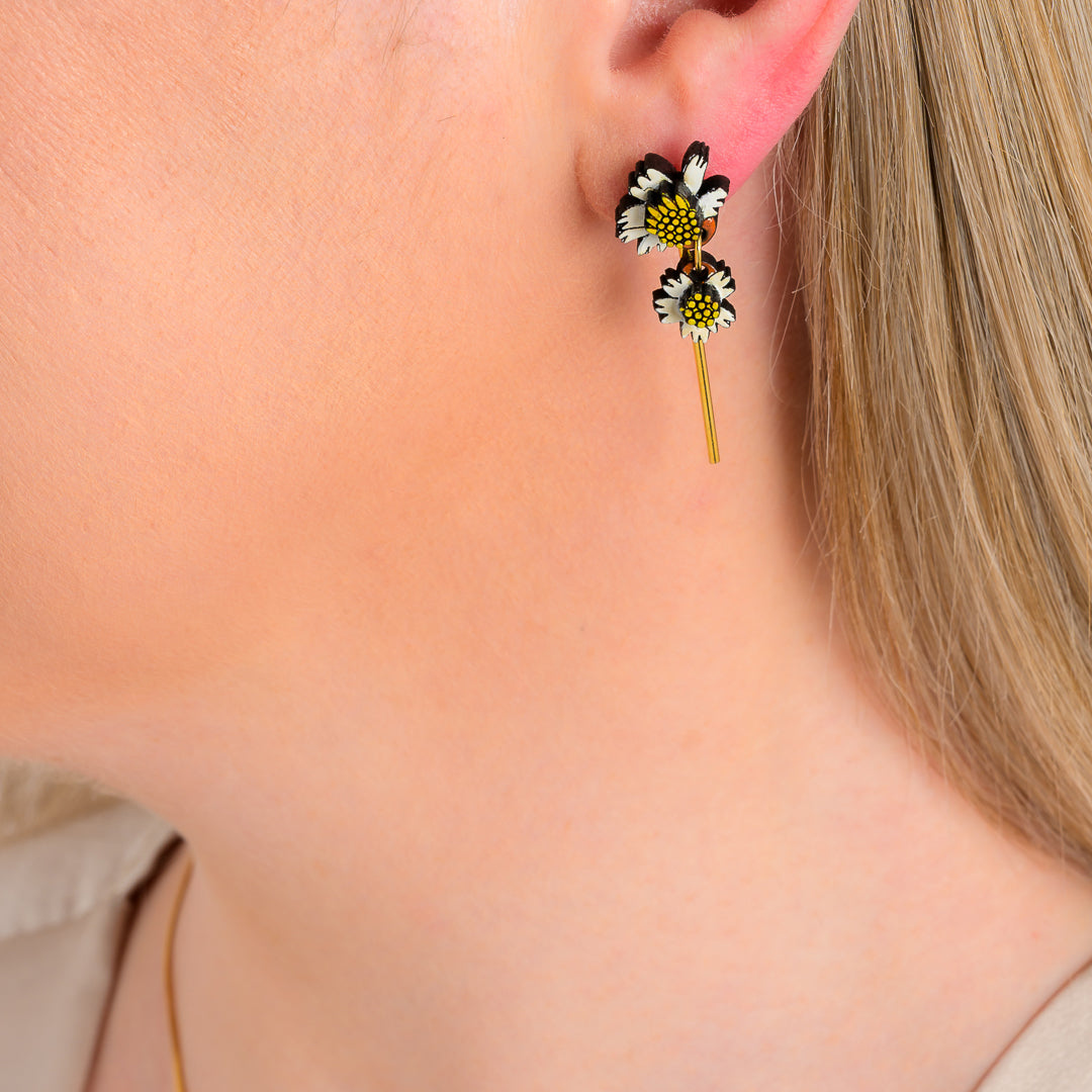 Paguro Upcycle reclaimed wood earrings with black and white flower 3D design