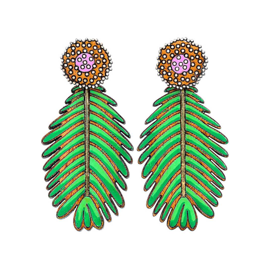 Paguro Upcycle vibrant green and pink reclaimed wood earrings shaped like leaves with dotted circular tops