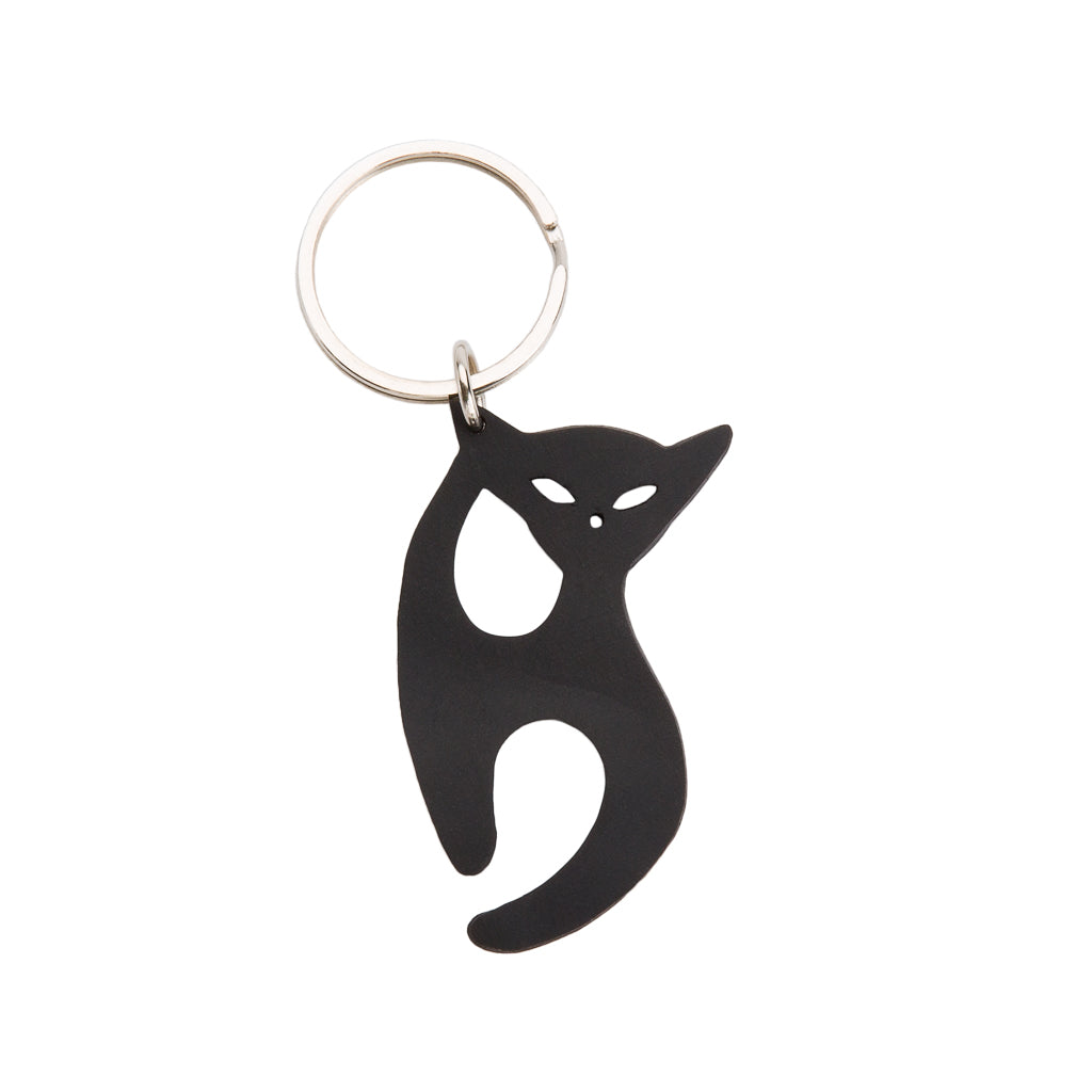 Paguro Upcycle recycled rubber cat keyring black cat silhouette key chain on silver ring