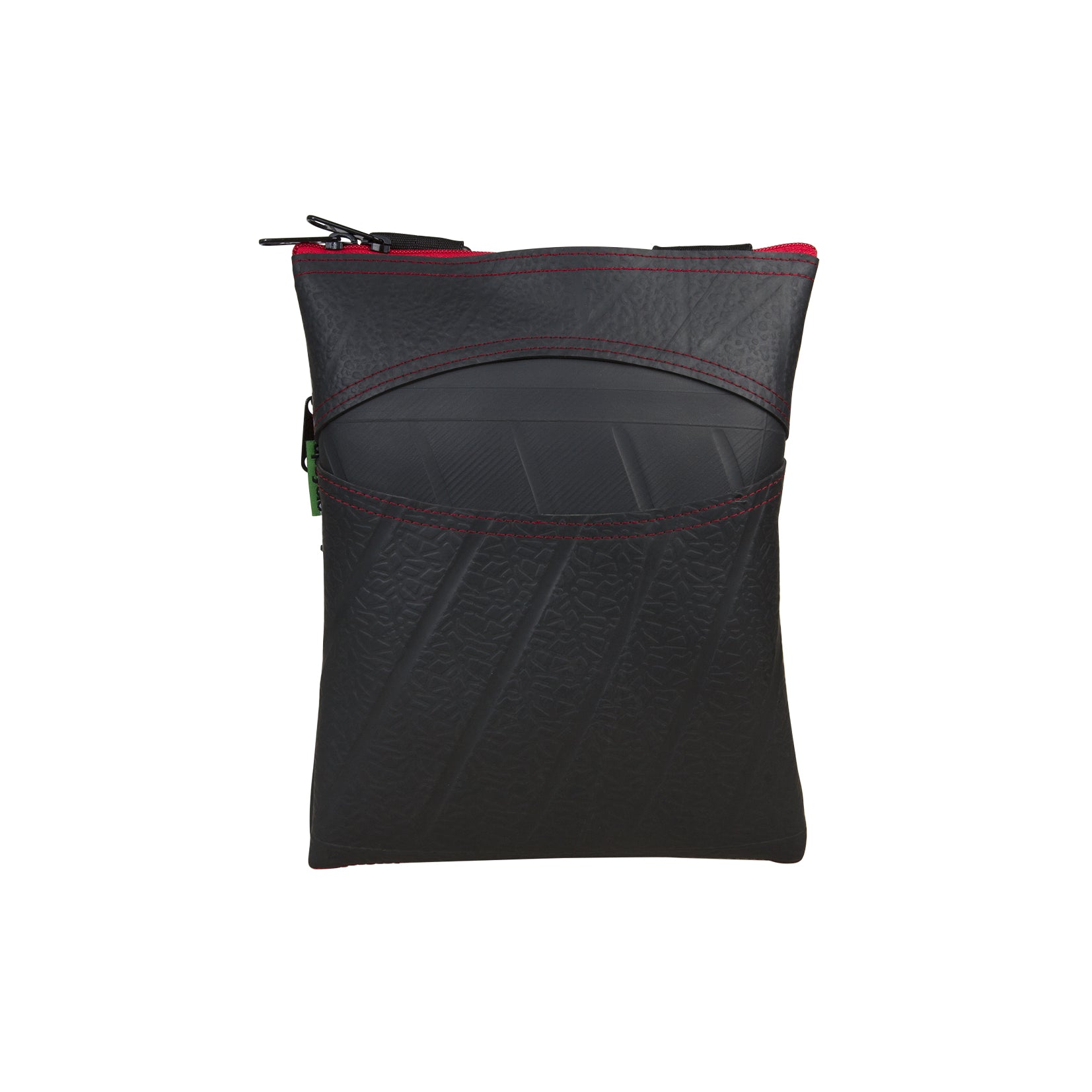 Paguro Upcycle black upcycled vegan crossbody bag with red stitching and front pocket