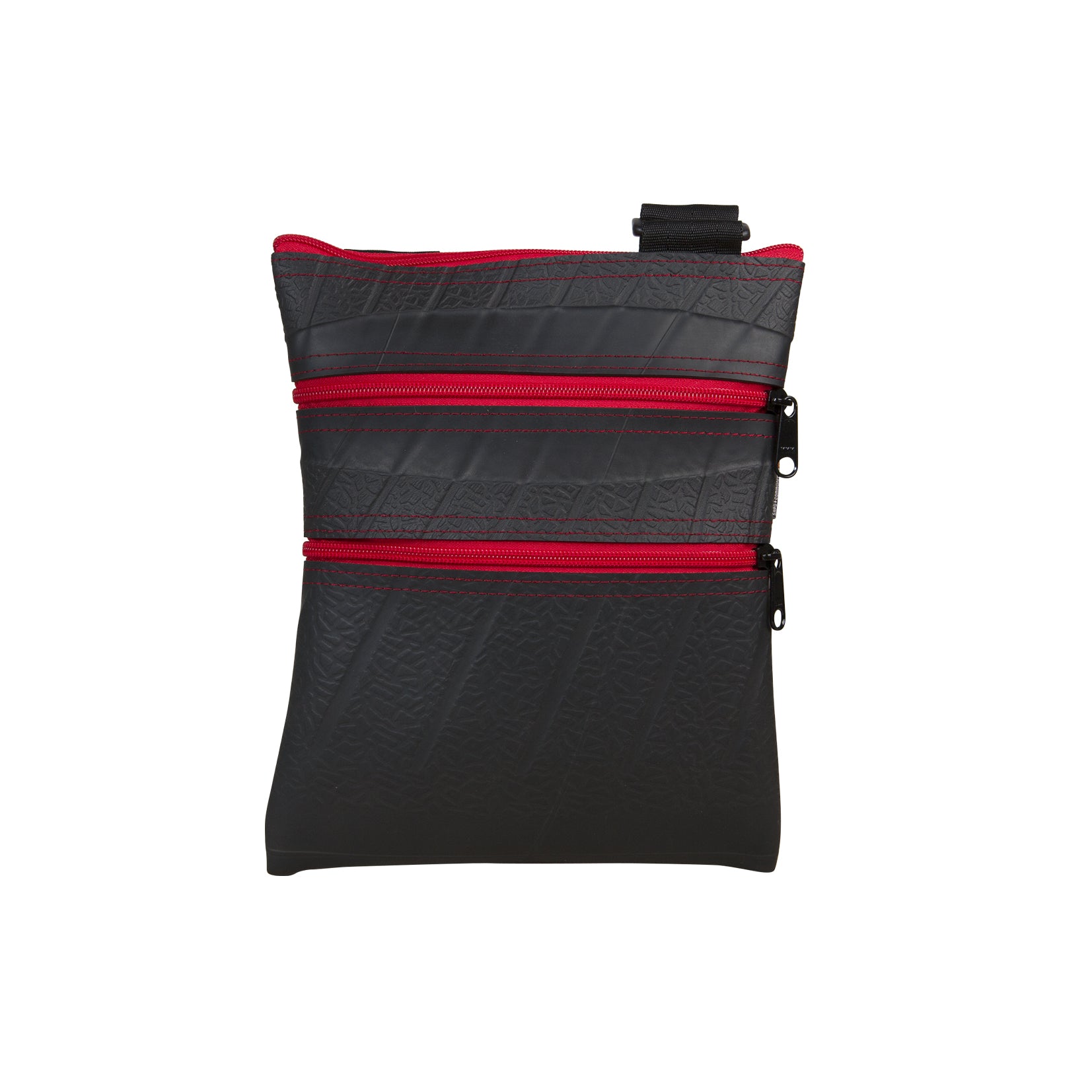 Paguro Upcycle upcycled vegan crossbody bag in black with red zippers and adjustable strap