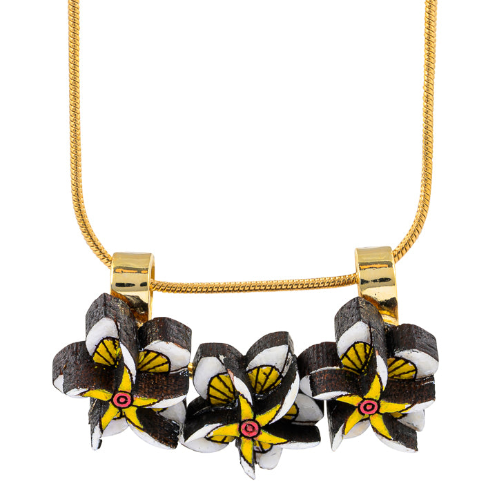 Paguro Upcycle reclaimed wood necklace with three hand-painted flower pendants on gold chain