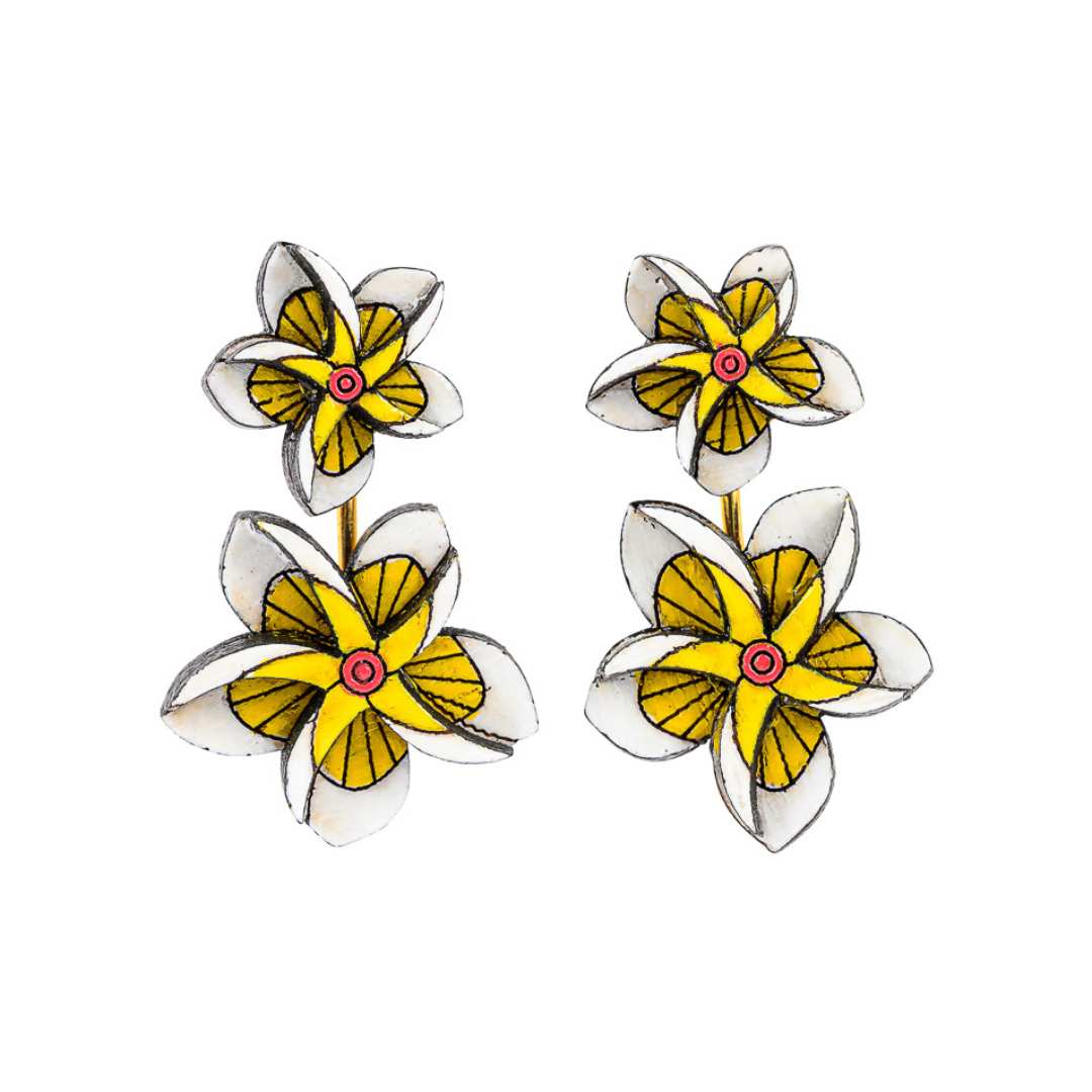 Paguro Upcycle flower design reclaimed wood earrings in yellow and white with hand-painted details