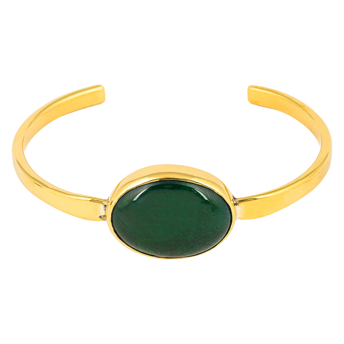 Paguro Upcycle gold bracelet with green recycled glass bangle centerpiece on white background