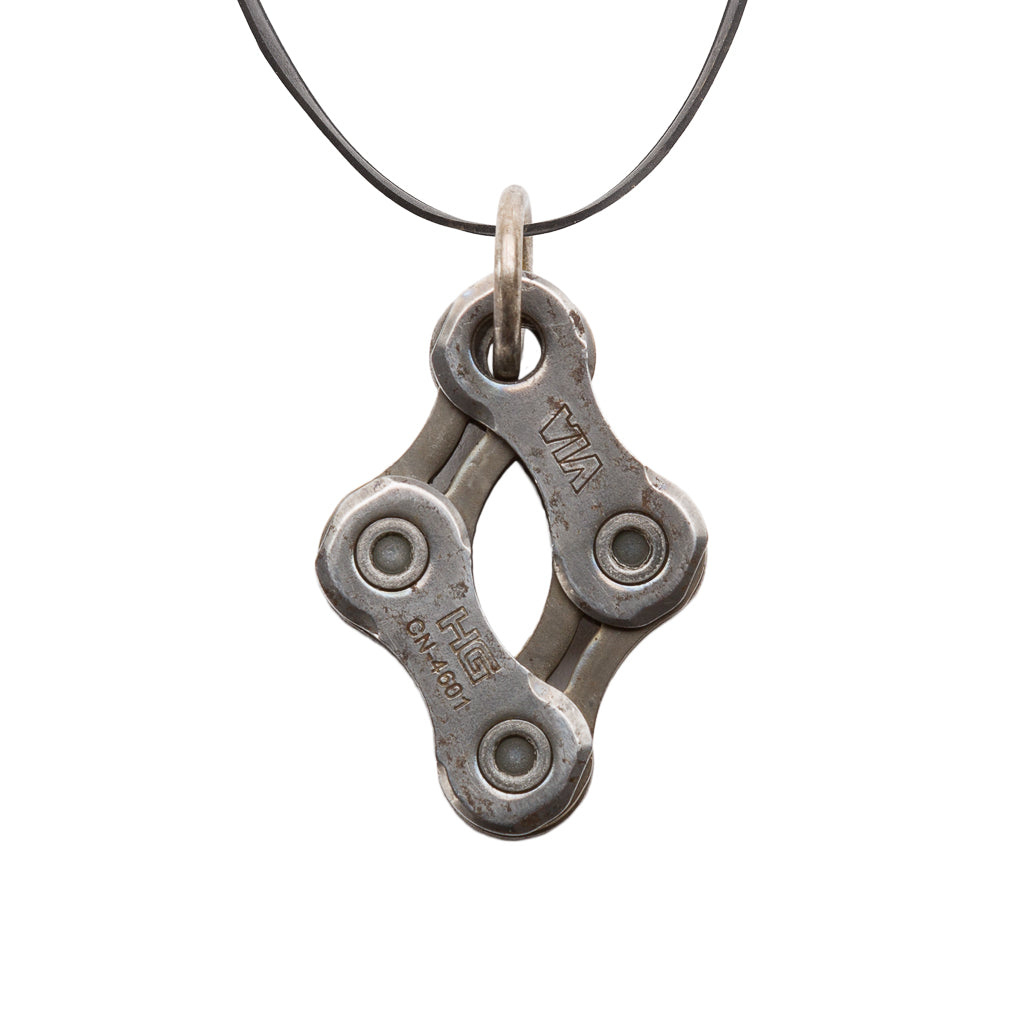 Paguro Upcycle recycled bike chain necklace pendant made from silver bike chain links on black cord sustainable jewelry