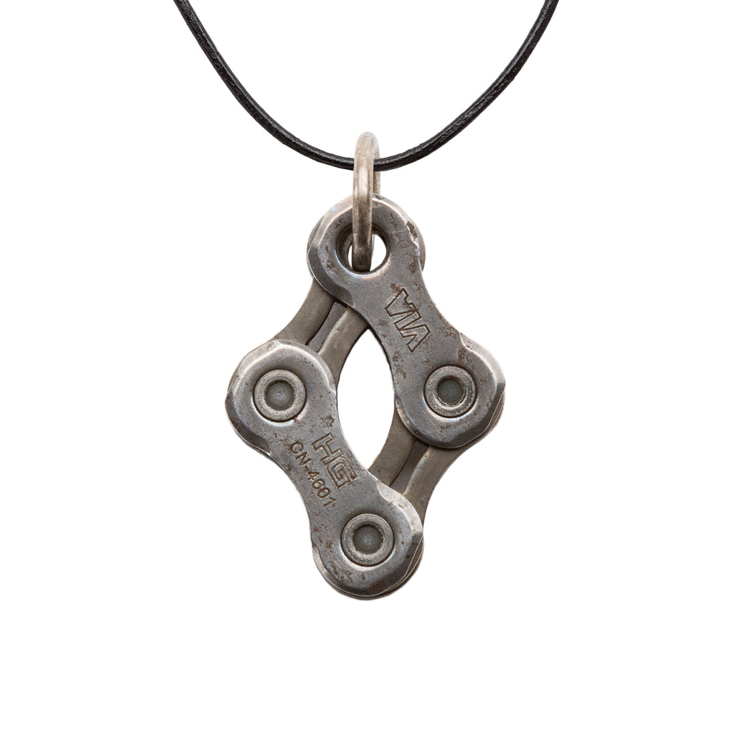 Paguro Upcycle recycled bike chain necklace pendant made from silver metal chain link on black leather cord