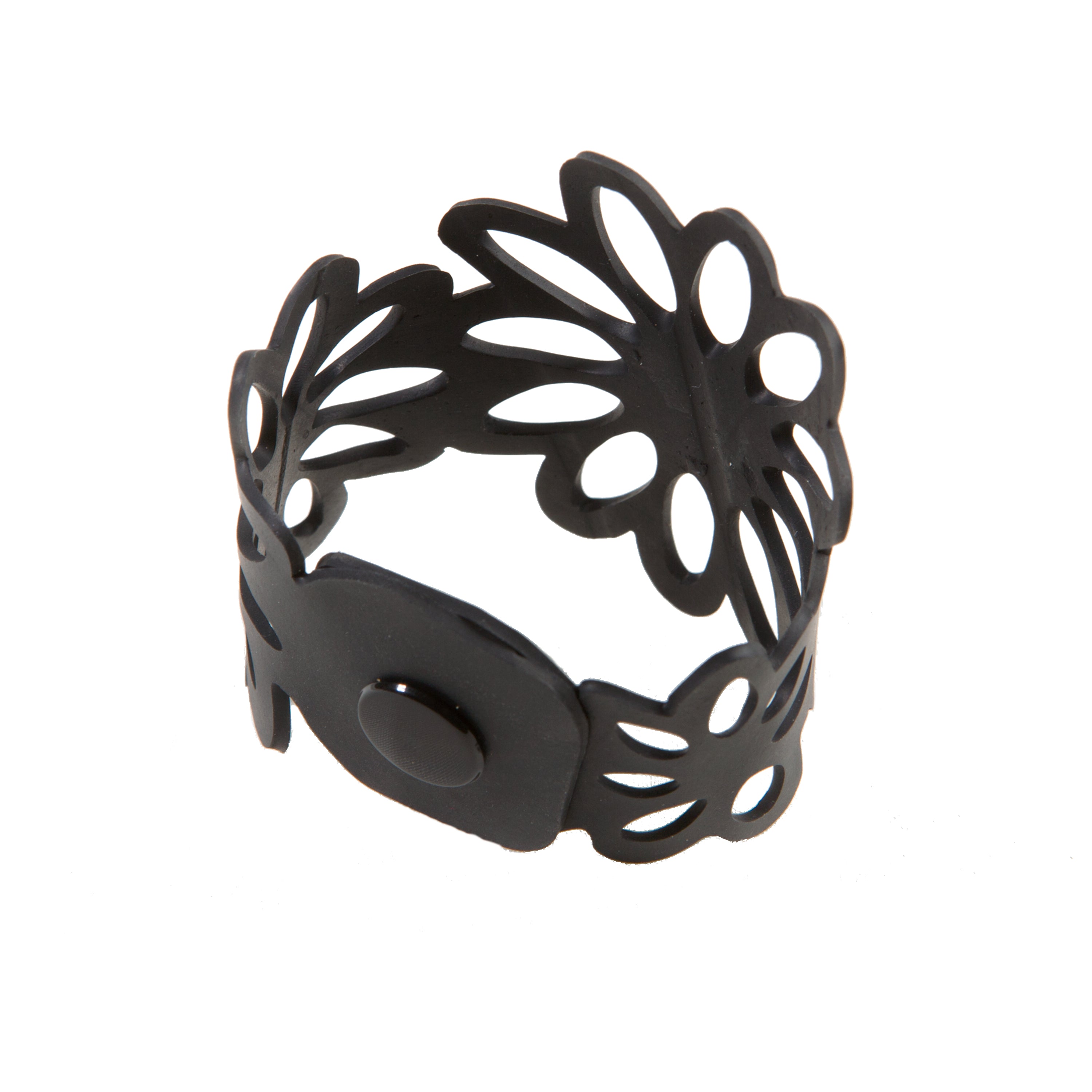 Paguro Upcycle black recycled rubber bracelet with floral cutout design and adjustable snap closure
