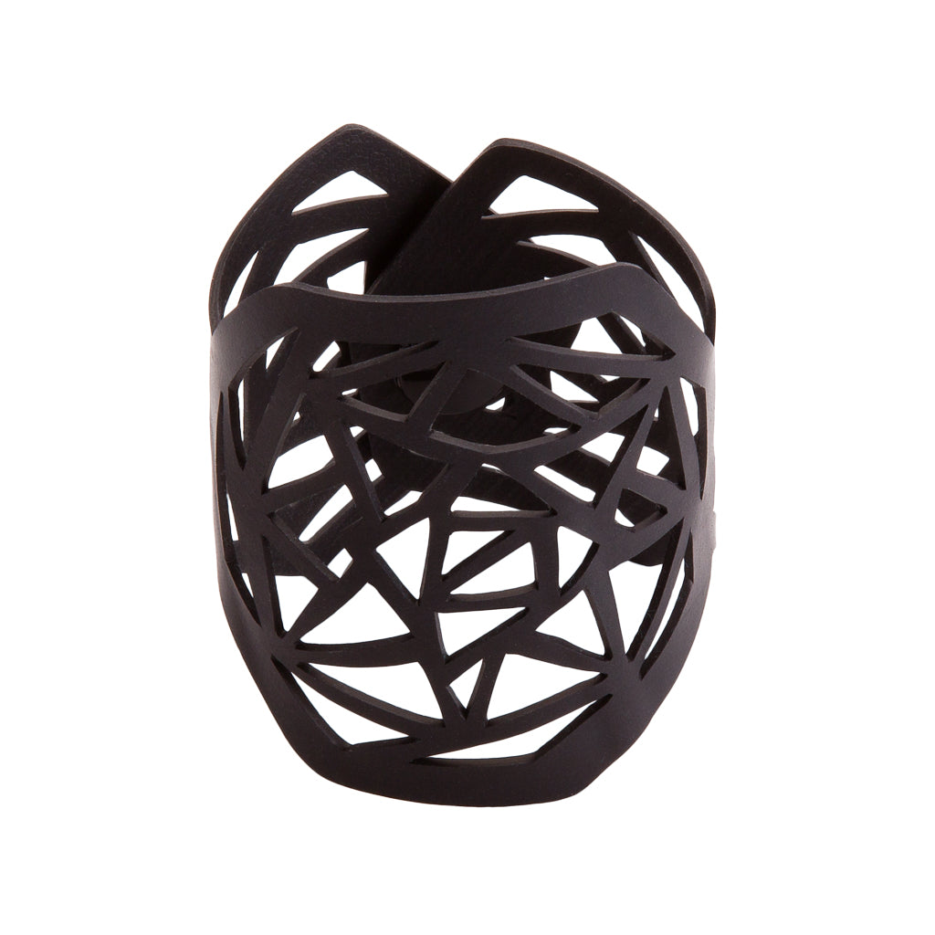 Paguro Upcycle black geometric cuff recycled rubber bracelet with open lattice design for sustainable style