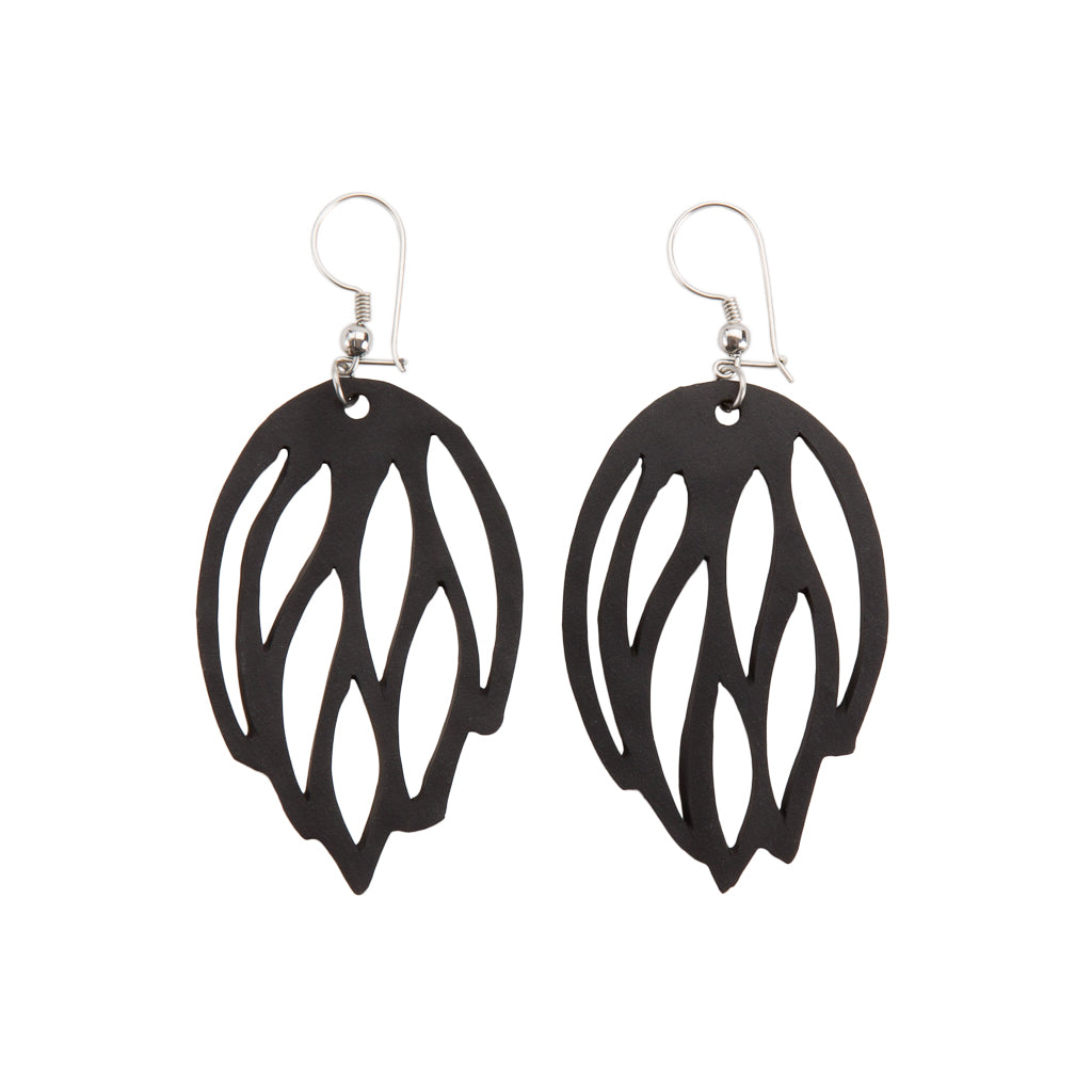 Paguro Upcycle black leaf cutout recycled rubber earrings UK with silver hooks lightweight eco friendly design