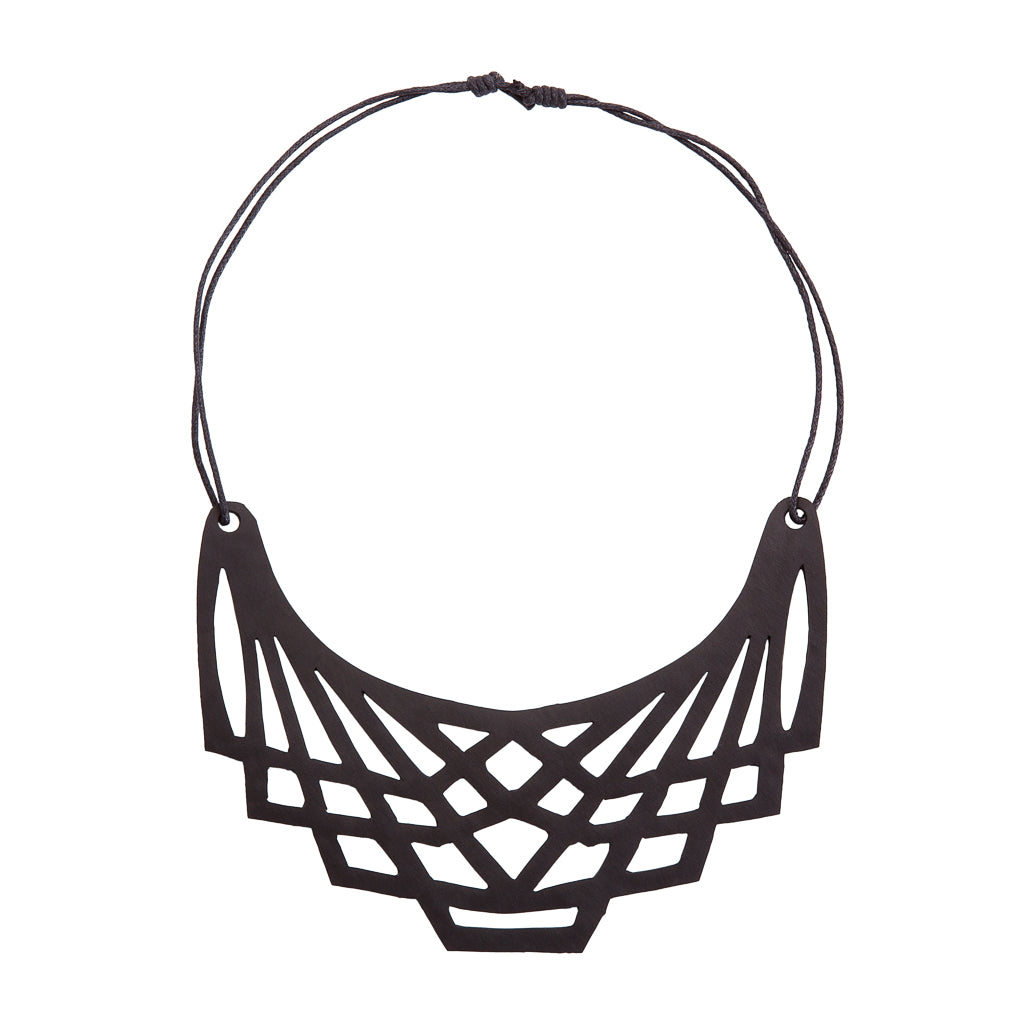 Paguro Upcycle black geometric bib upcycled inner tube necklace with adjustable cord statement eco jewellery