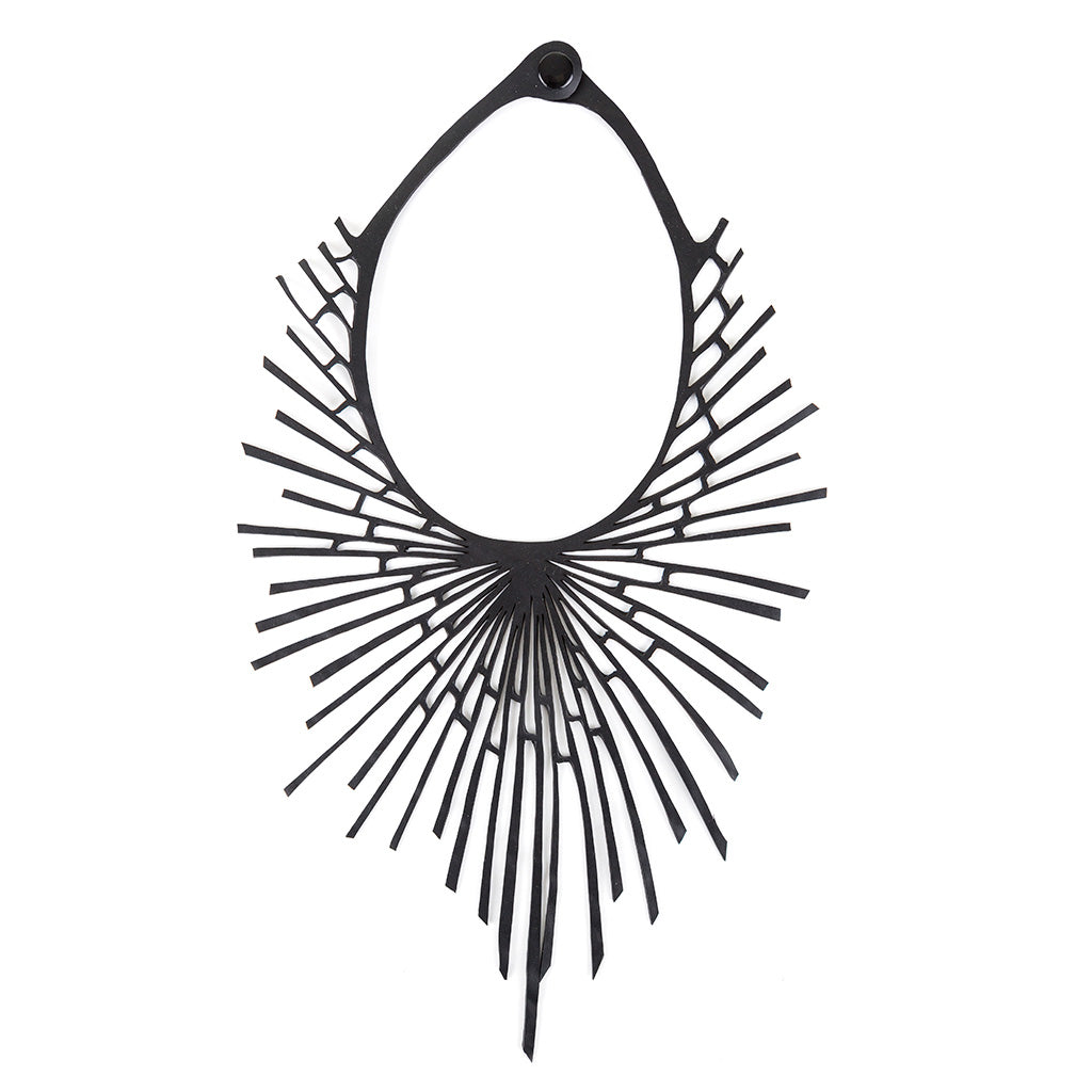 Paguro Upcycle black geometric design upcycled statement necklace with radial spoke pattern