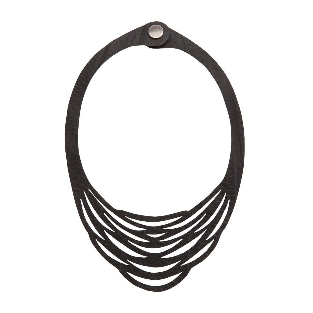 Paguro Upcycle black vegan statement necklace for women with layered cutout design and silver clasp